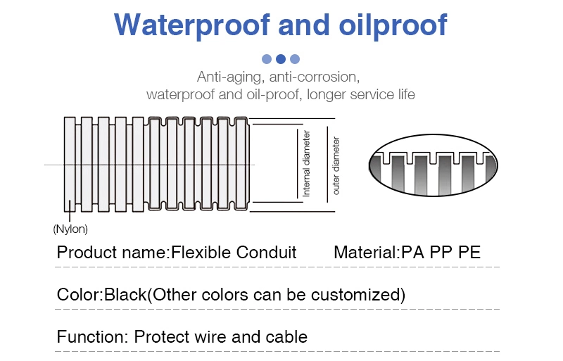 Flexible Plastic Cable Corrugated Pipe Convoluted Conduit Tube PA-Ad13.0 5/16&quot;